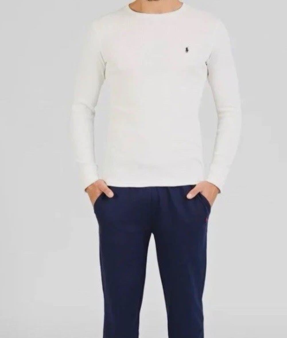 Polo Ralph Lauren Men’s White Waffle Knit Cotton Logo Crew Tee Long Sleeve M